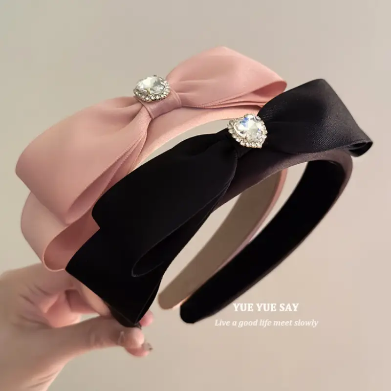 Black Satin Bow Headband with Zircon Heart Design - Image 4