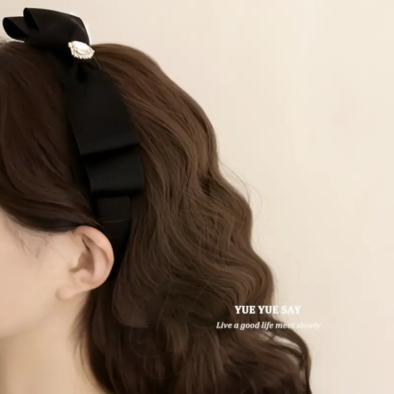 Black Satin Bow Headband with Zircon Heart Design - Image 6