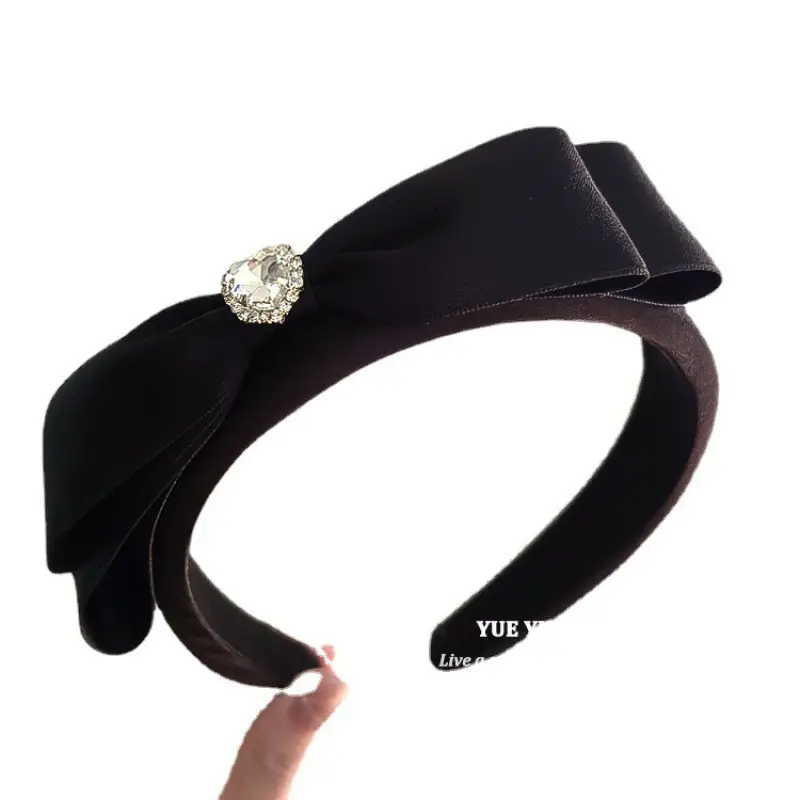 Black Satin Bow Headband with Zircon Heart Design - Image 7
