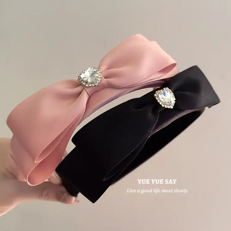 Black Satin Bow Headband with Zircon Heart Design — feature 17
