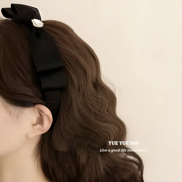Black Satin Bow Headband with Zircon Heart Design — feature 3