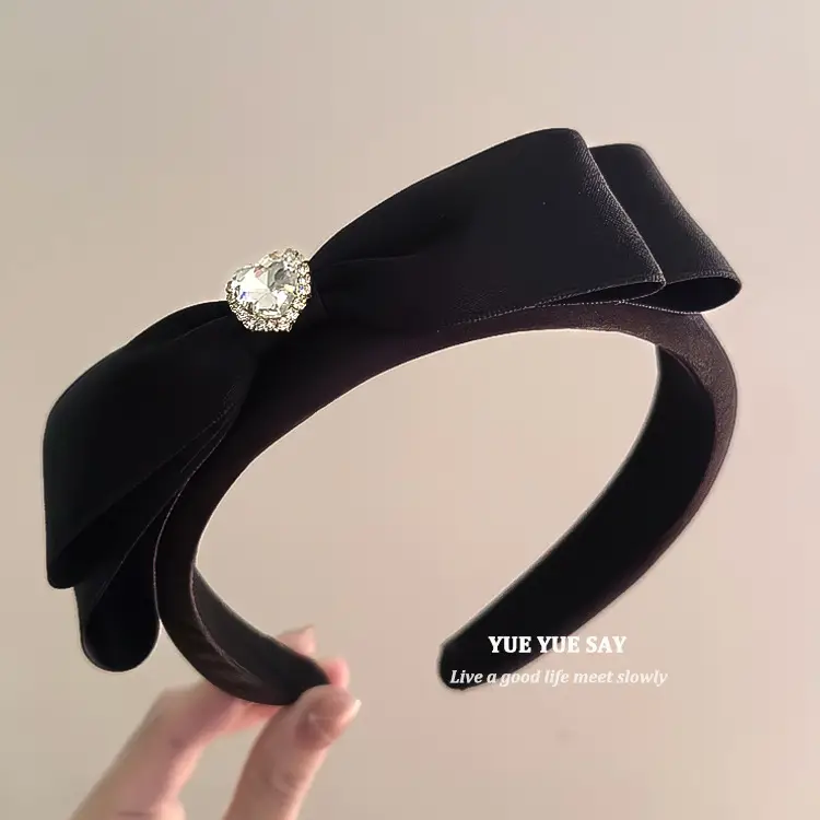 Black Satin Bow Headband with Zircon Heart Design — feature 5