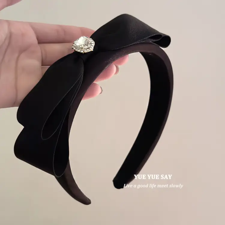 Black Satin Bow Headband with Zircon Heart Design — feature 7