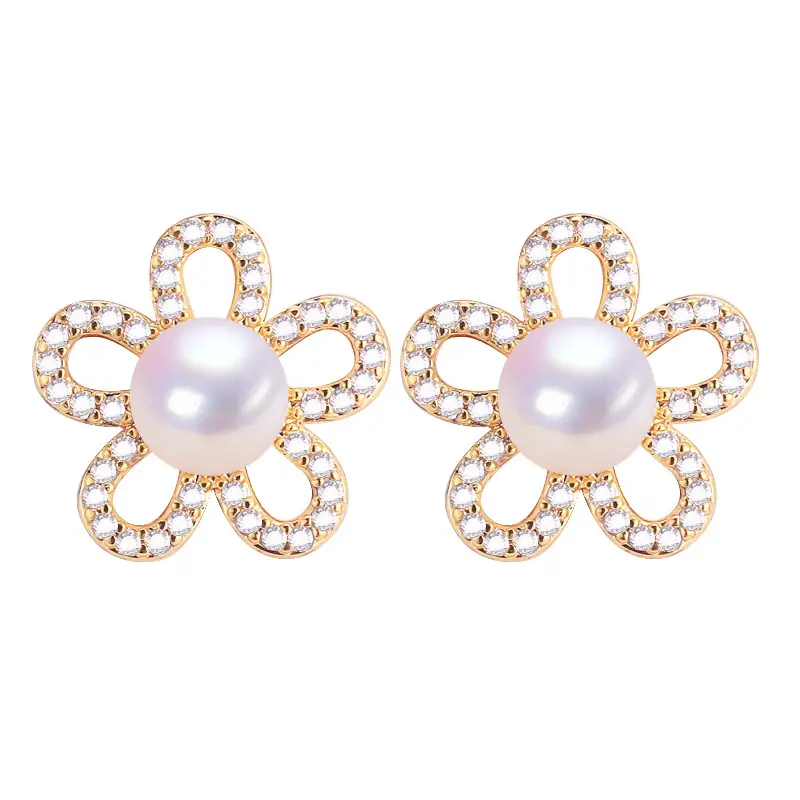 Flower Pearl Earrings 18K Gold Women S925 Sterling Silver