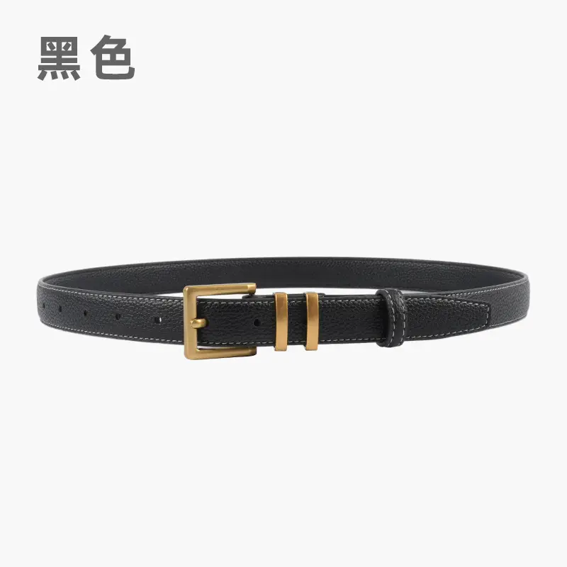 Women Litchi Belt Black Cowhide 2.3cm