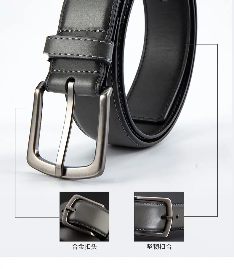 Men's Black Leather Belt with Silver Pin Buckle — feature 11