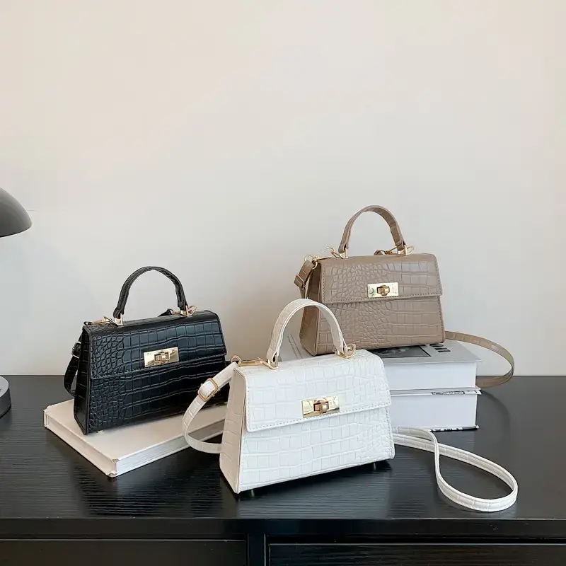 White Textured Shoulder Bag with Rotating Lock for Women - Image 4