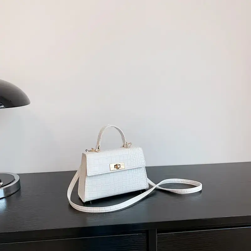 White Textured Shoulder Bag with Rotating Lock for Women - Image 7