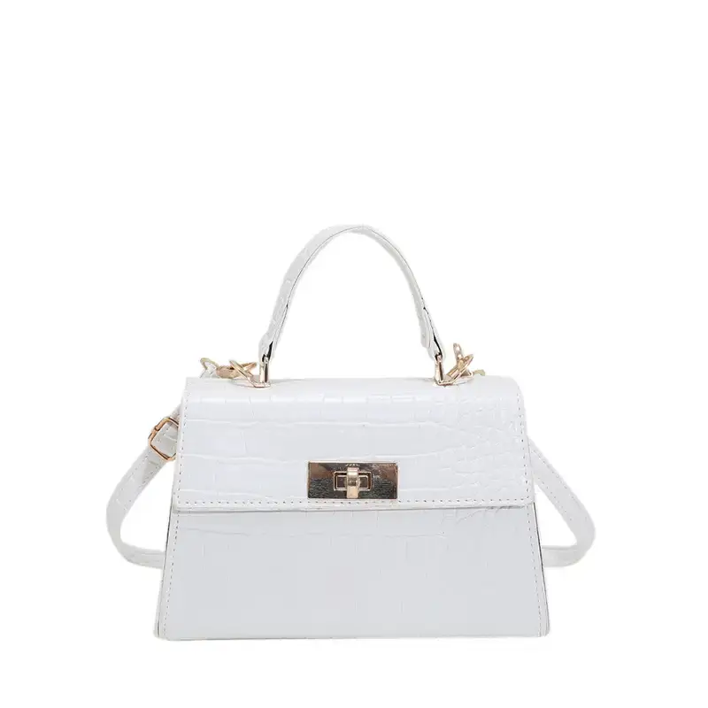 White Textured Shoulder Bag with Rotating Lock for Women - Image 8