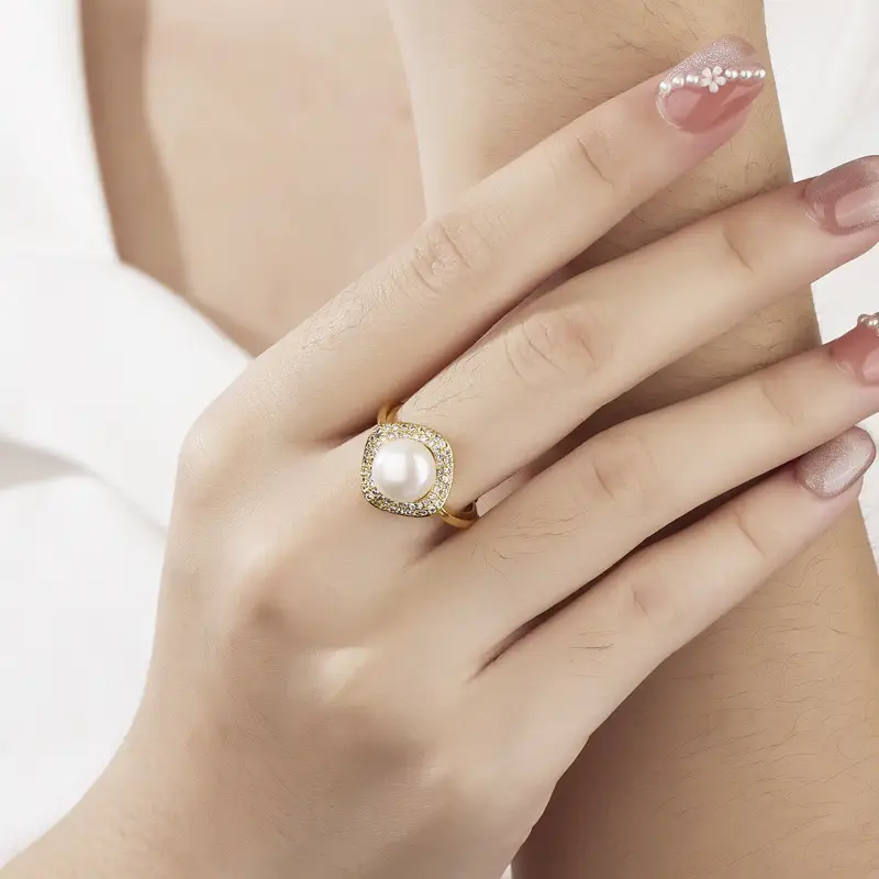 Korean Fashion Pearl Ring with Square Diamond - Image 2