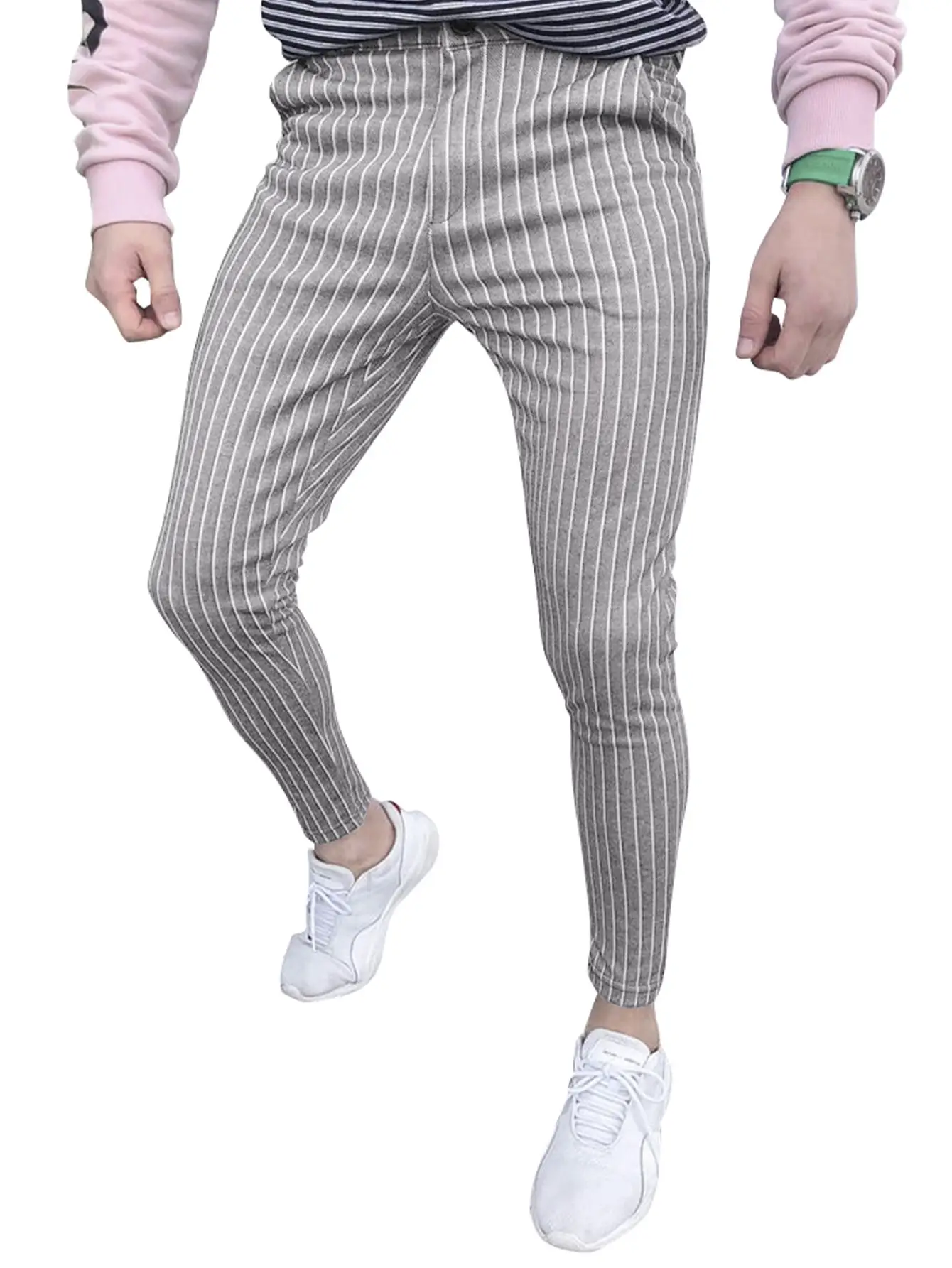 Men Striped Ankle Pants Slim Fit Casual Summer