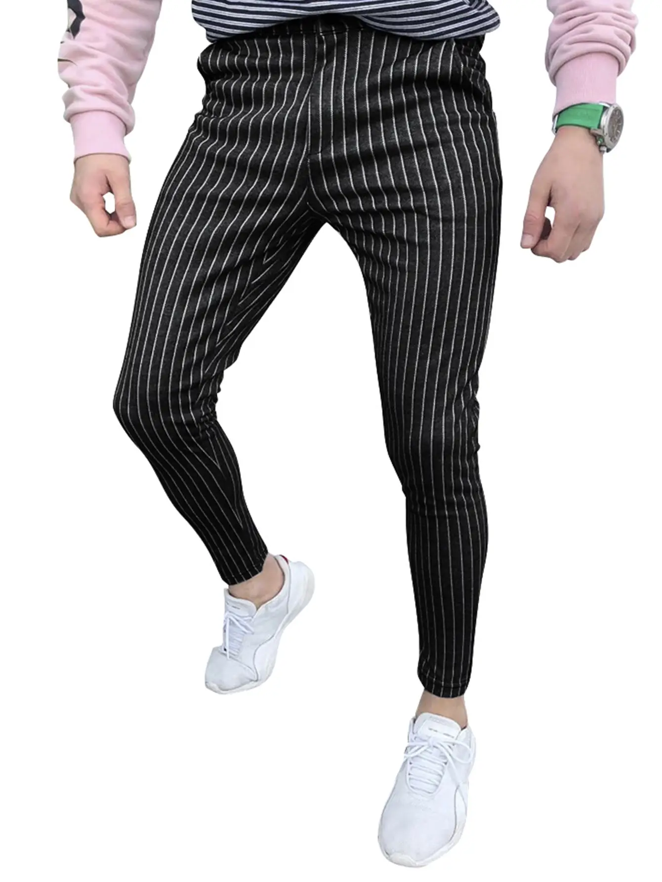 Men Striped Ankle Pants Slim Fit Casual Summer
