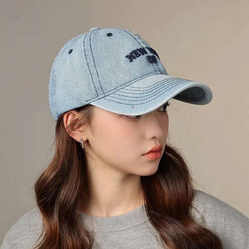 Women Letter Embroidered Denim Cap Blue Grey - Image 5