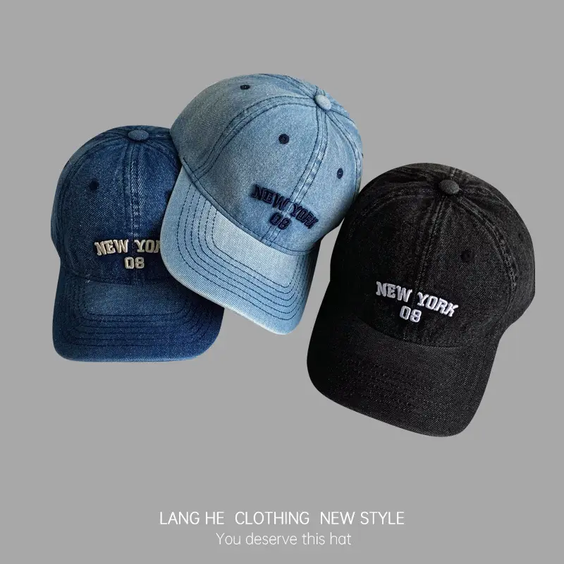Women Letter Embroidered Denim Cap Blue Grey - Image 6