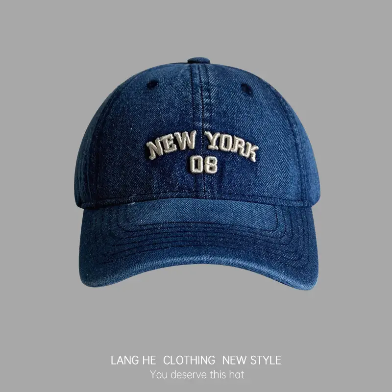 Women Letter Embroidered Denim Cap Blue Grey - Image 2