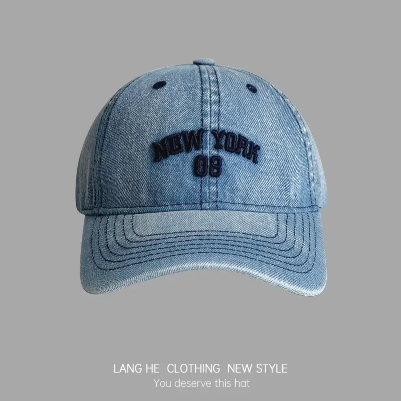 Women Letter Embroidered Denim Cap Blue Grey - Image 3