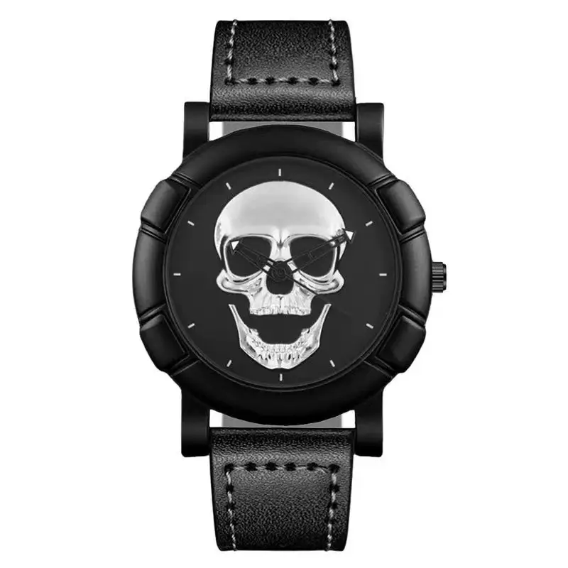 Men's Skull Graphic Watch Black Leather Band Large Dial Sports Belt — feature 1