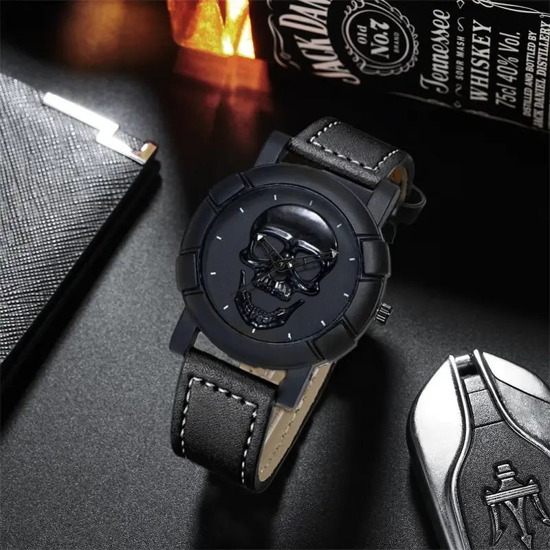 Men's Skull Graphic Watch Black Leather Band Large Dial Sports Belt — feature 10