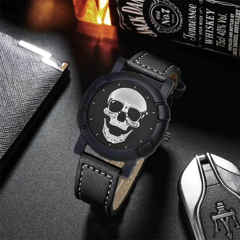 Men's Skull Graphic Watch Black Leather Band Large Dial Sports Belt — feature 11