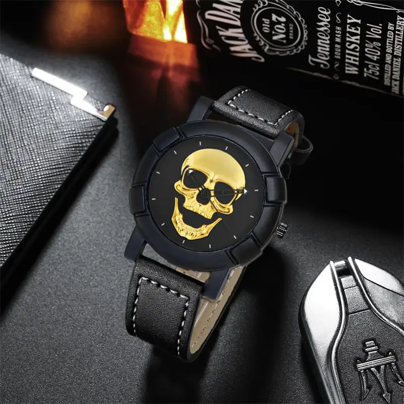 Men's Skull Graphic Watch Black Leather Band Large Dial Sports Belt — feature 12