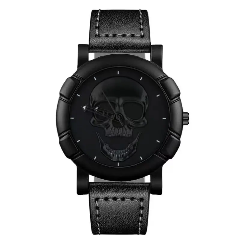 Men's Skull Graphic Watch Black Leather Band Large Dial Sports Belt — feature 3