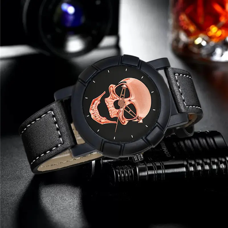 Men's Skull Graphic Watch Black Leather Band Large Dial Sports Belt — feature 5
