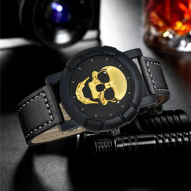 Men's Skull Graphic Watch Black Leather Band Large Dial Sports Belt — feature 6