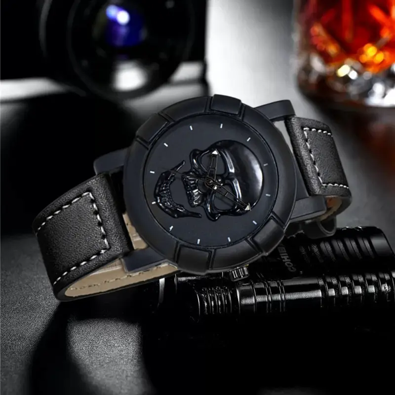 Men's Skull Graphic Watch Black Leather Band Large Dial Sports Belt — feature 7