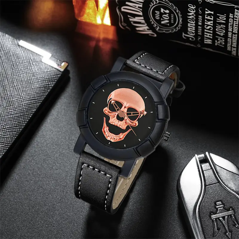 Men's Skull Graphic Watch Black Leather Band Large Dial Sports Belt — feature 8