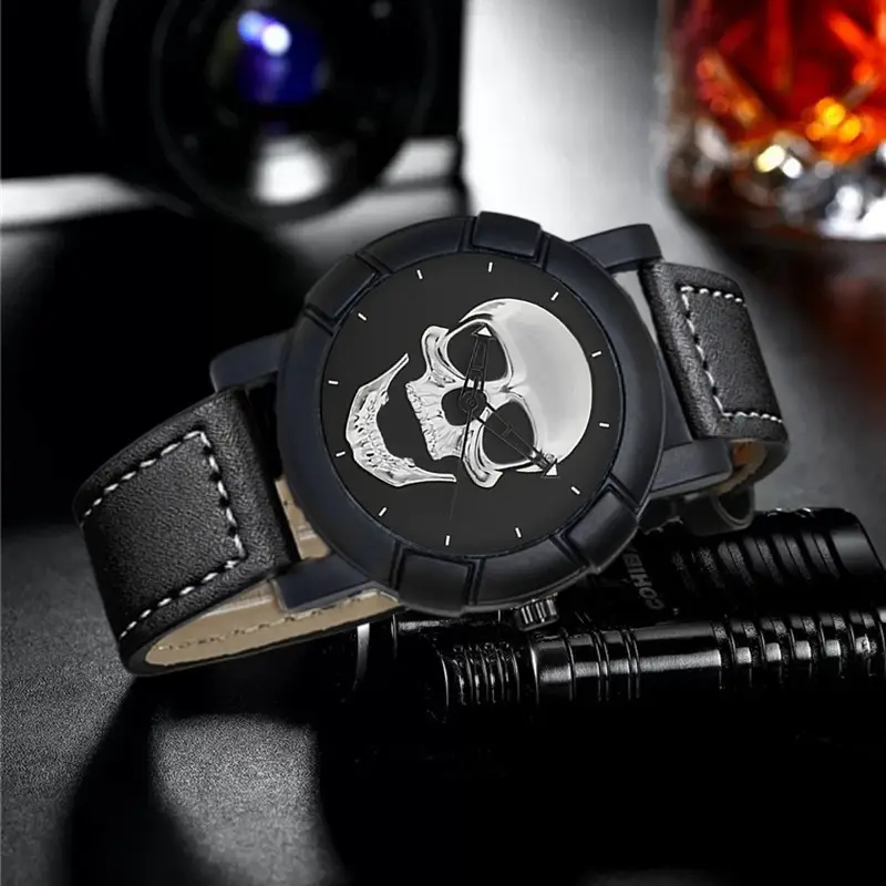 Men's Skull Graphic Watch Black Leather Band Large Dial Sports Belt — feature 9