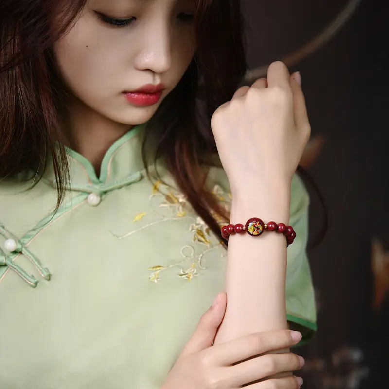 Women's Thangka Braided Red Bracelet with Cinnabar Design
