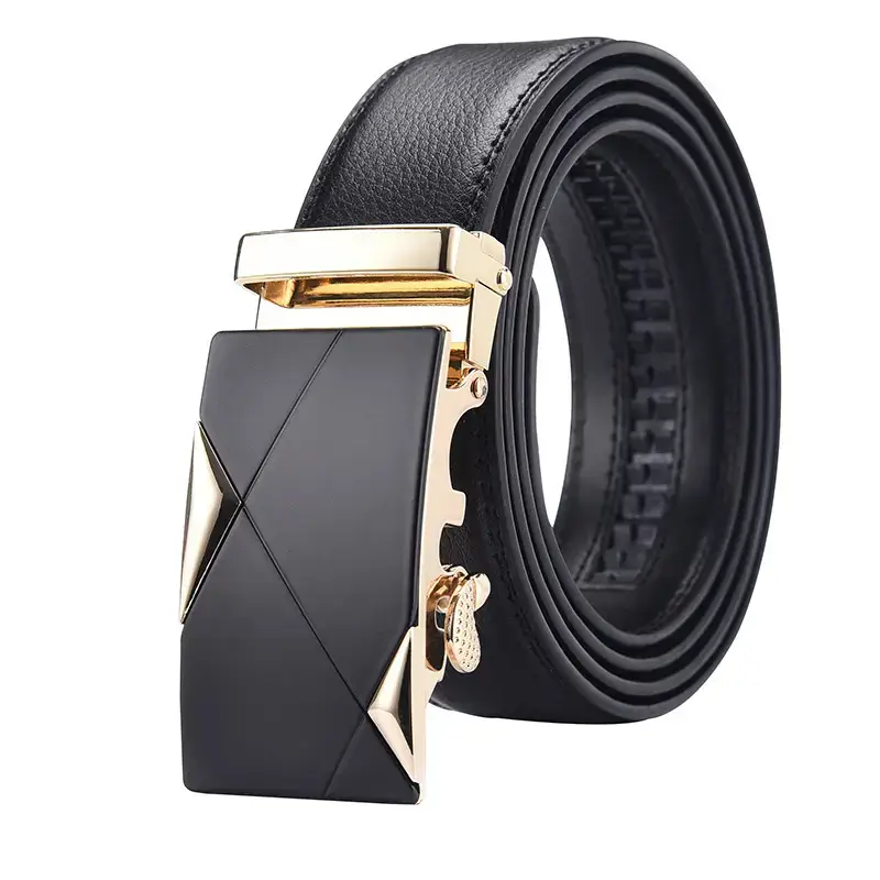 Men's Black Leather Belt with Gold Buckle - Image 3
