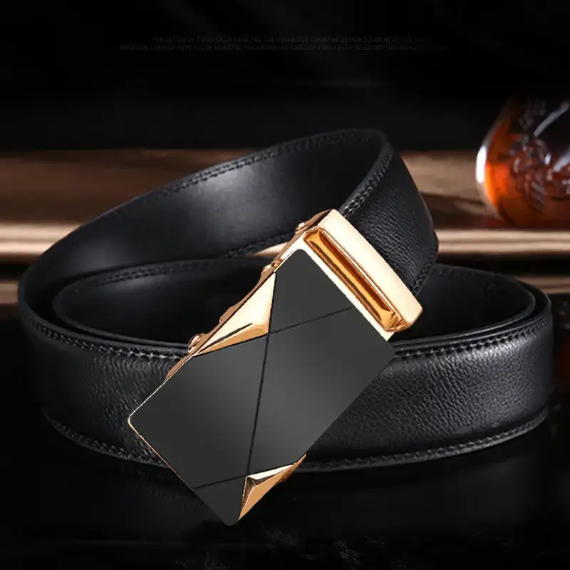 Men's Black Leather Belt with Gold Buckle - Image 4