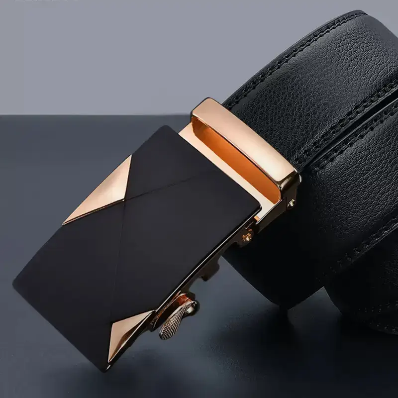Men's Black Leather Belt with Gold Buckle - Image 6