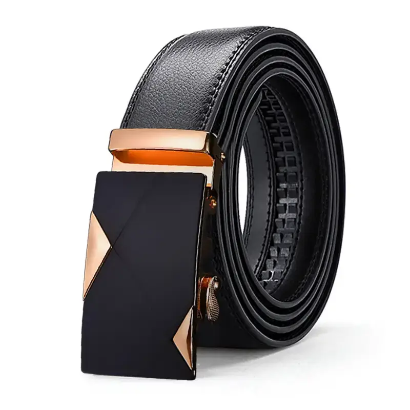 Men's Black Leather Belt with Gold Buckle