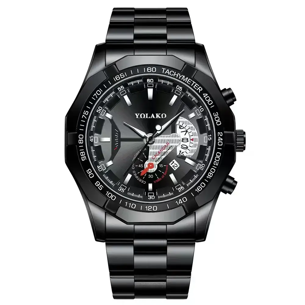 Men's Gold Chronograph Watch with Large Black Dial