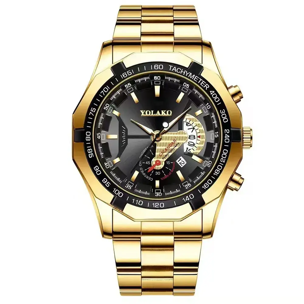 Men's Gold Chronograph Watch with Large Black Dial