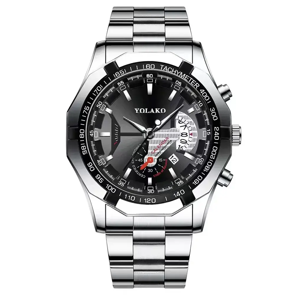 Men's Gold Chronograph Watch with Large Black Dial