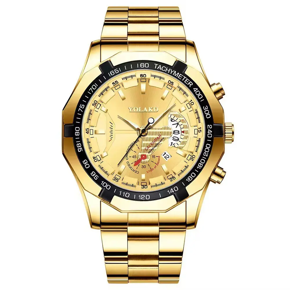 Men's Gold Chronograph Watch with Large Black Dial — feature 2