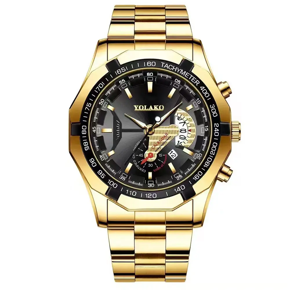Men's Gold Chronograph Watch with Large Black Dial — feature 3