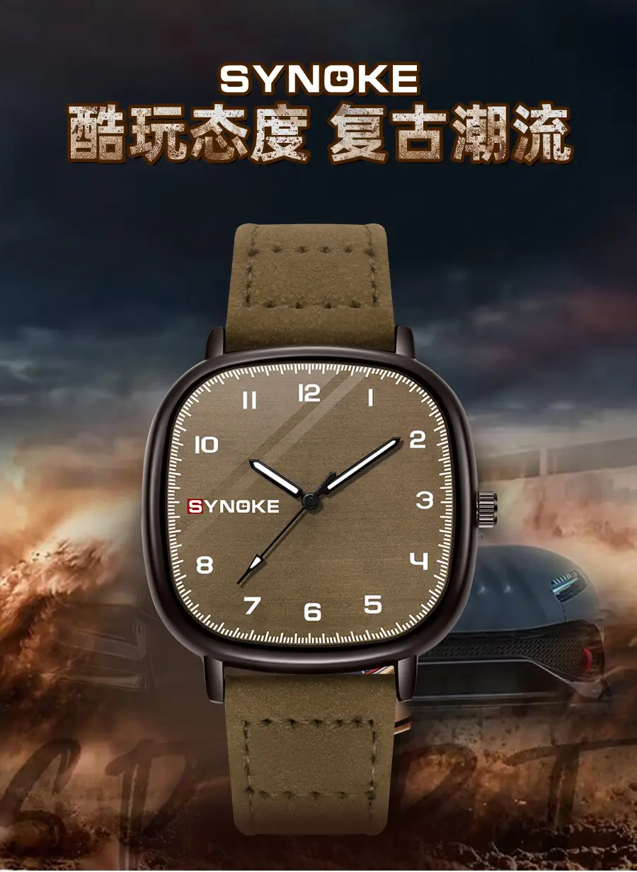 Men's Green Quartz Watch with Leather Band — feature 1