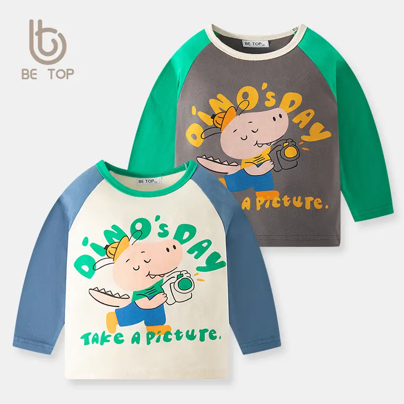 Be Top Korean Boys Cotton T-Shirt Grey Green Cartoon Pattern - Image 3