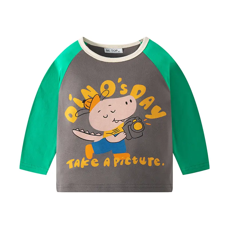 Be Top Korean Boys Cotton T-Shirt Grey Green Cartoon Pattern - Image 2