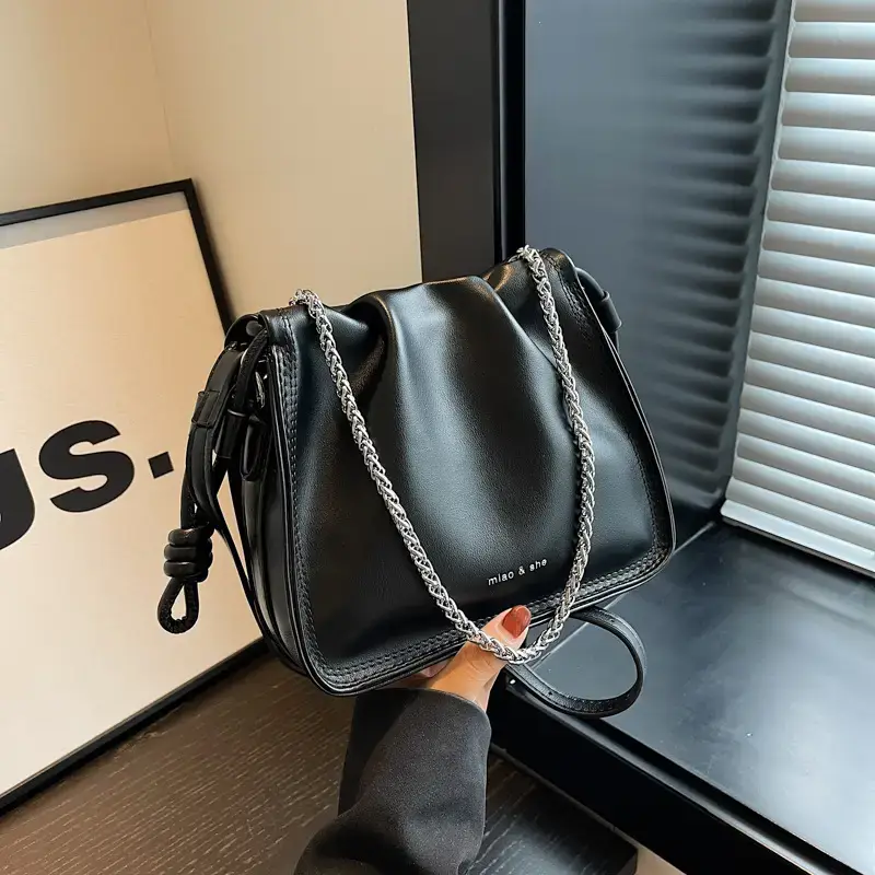 Women's Black Pleated Shoulder Bag with Chain Strap - Image 4