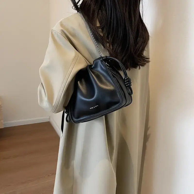Women's Black Pleated Shoulder Bag with Chain Strap - Image 6
