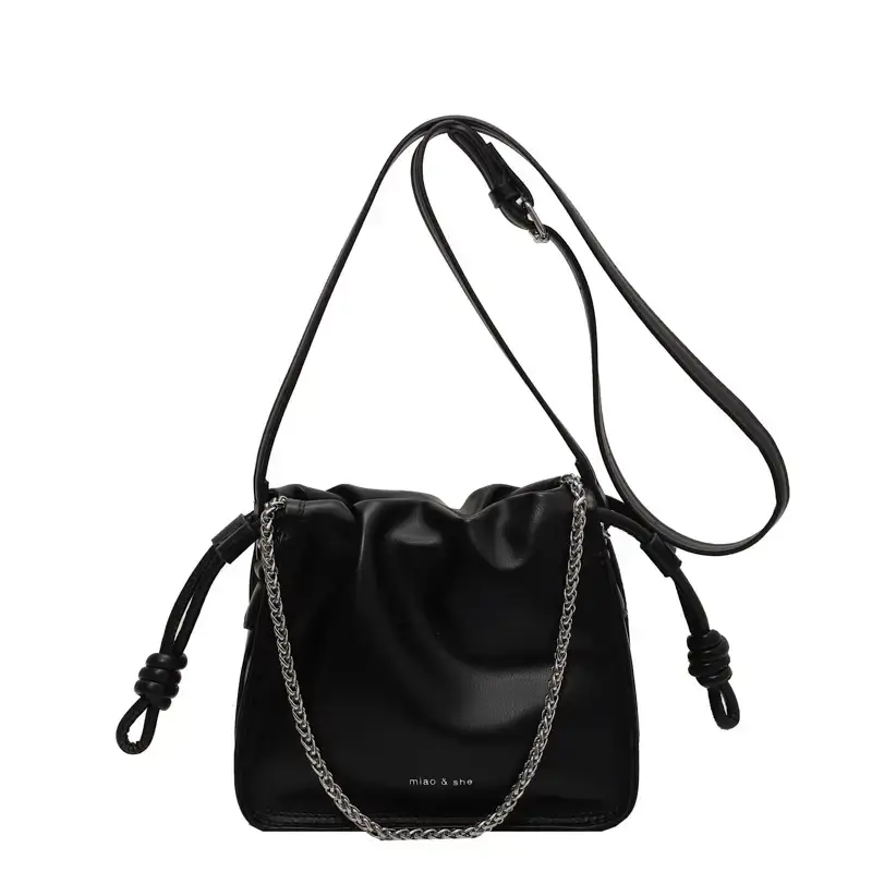 Women's Black Pleated Shoulder Bag with Chain Strap - Image 7