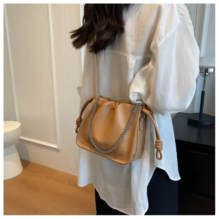 Women's Black Pleated Shoulder Bag with Chain Strap — feature 10