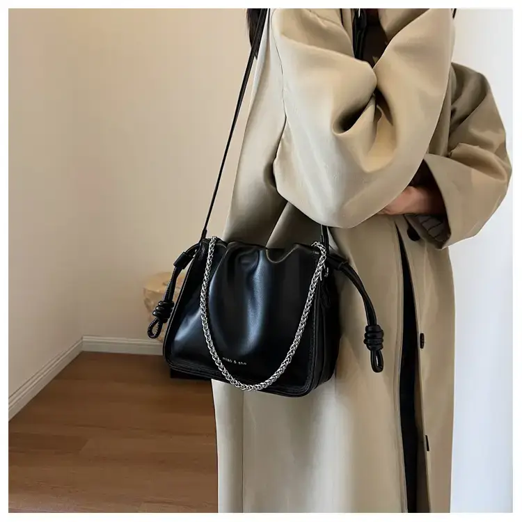 Women's Black Pleated Shoulder Bag with Chain Strap — feature 13
