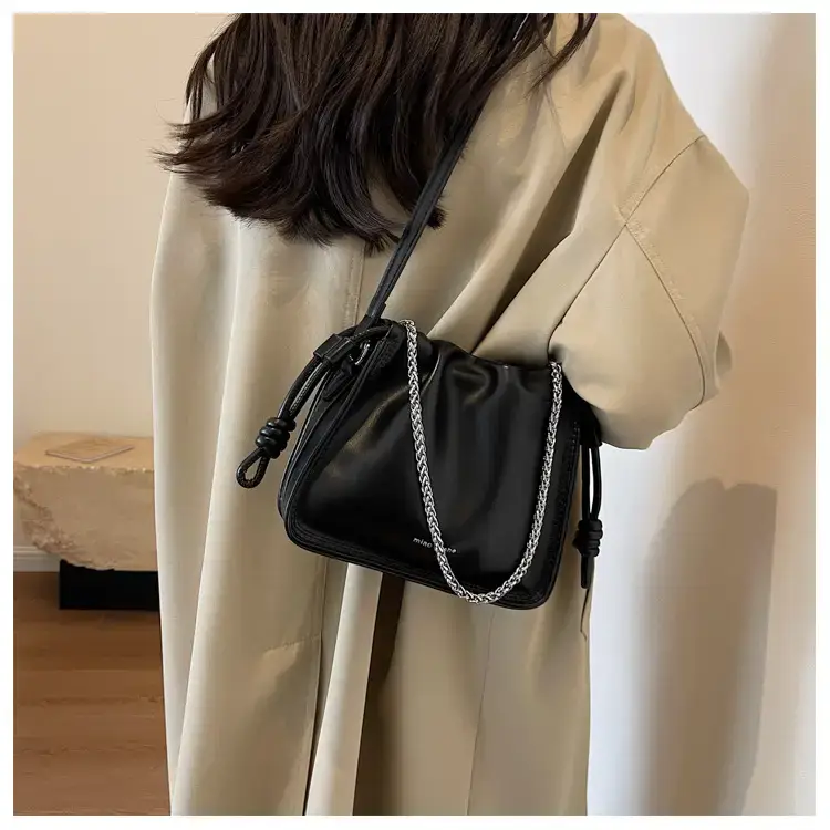 Women's Black Pleated Shoulder Bag with Chain Strap — feature 14