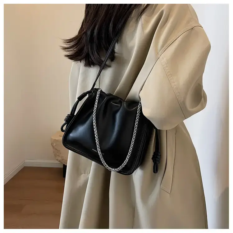 Women's Black Pleated Shoulder Bag with Chain Strap — feature 15